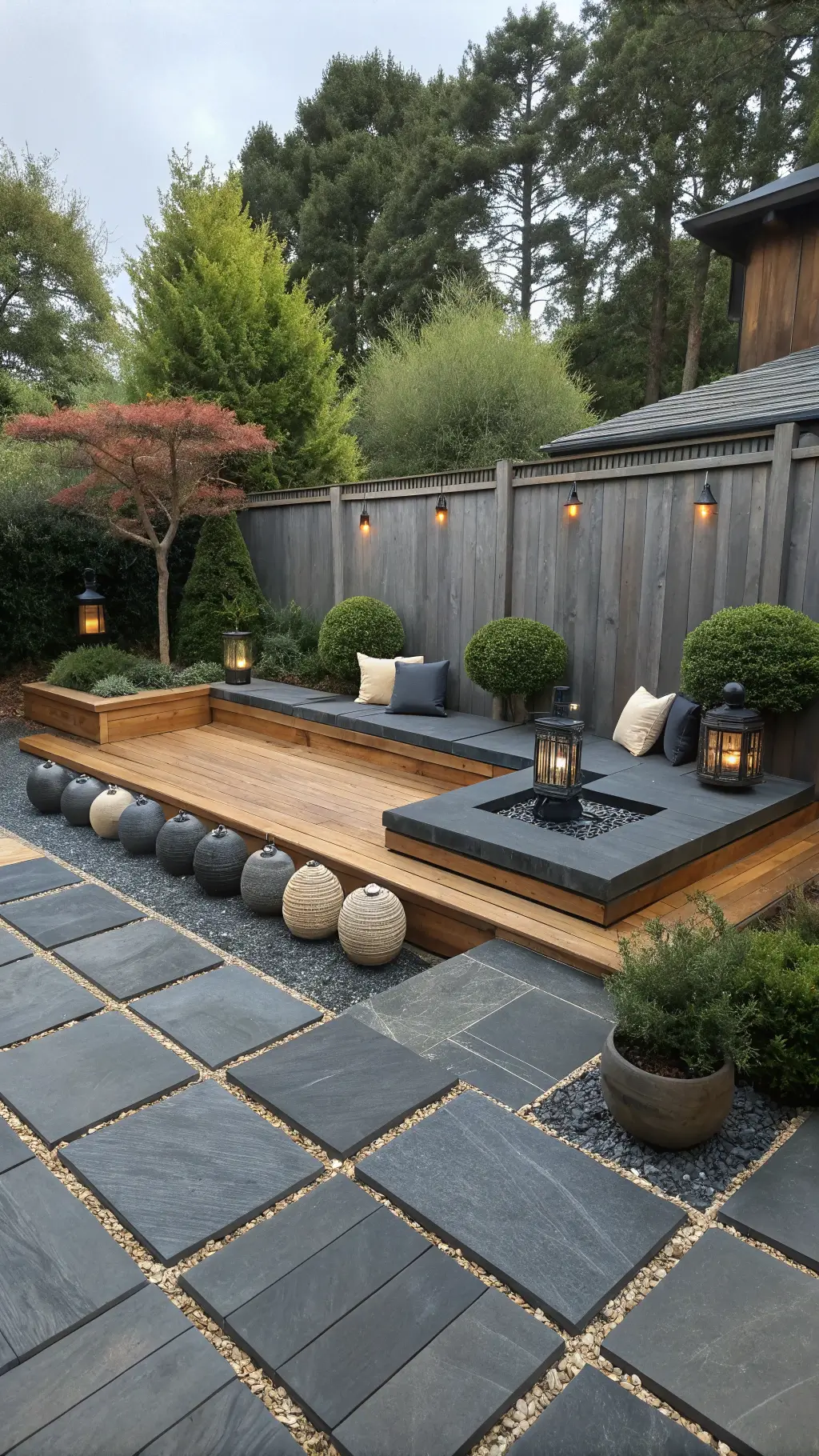 Tranquil moonlit Asian fusion courtyard featuring black slate tiles, riverstone borders, teak platform seating, stone lanterns, copper rain chains and cloud-pruned trees in ceramic pots.