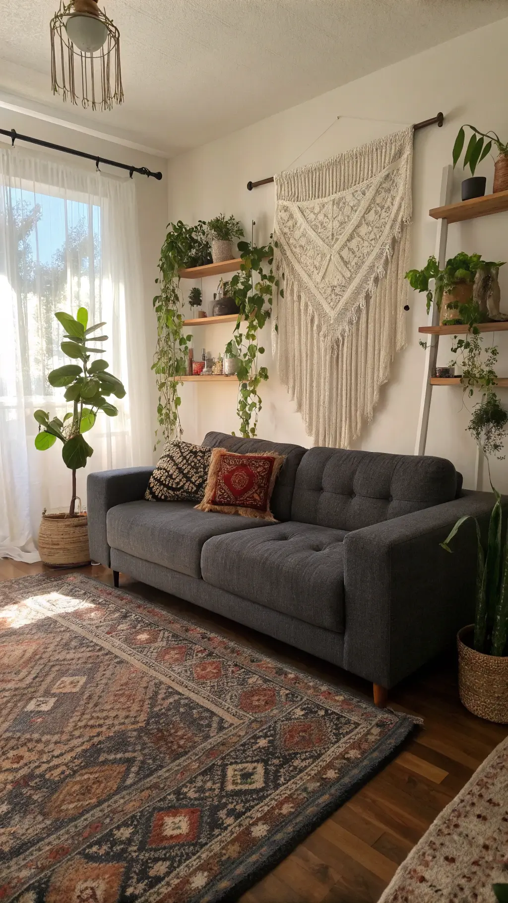 Bohemian-themed living room featuring a dark grey bouclé sofa, vintage rugs, mixed metallic accents and a macramé wall hanging, with afternoon light seeping through gauzy curtains and houseplants draping from floating shelves.