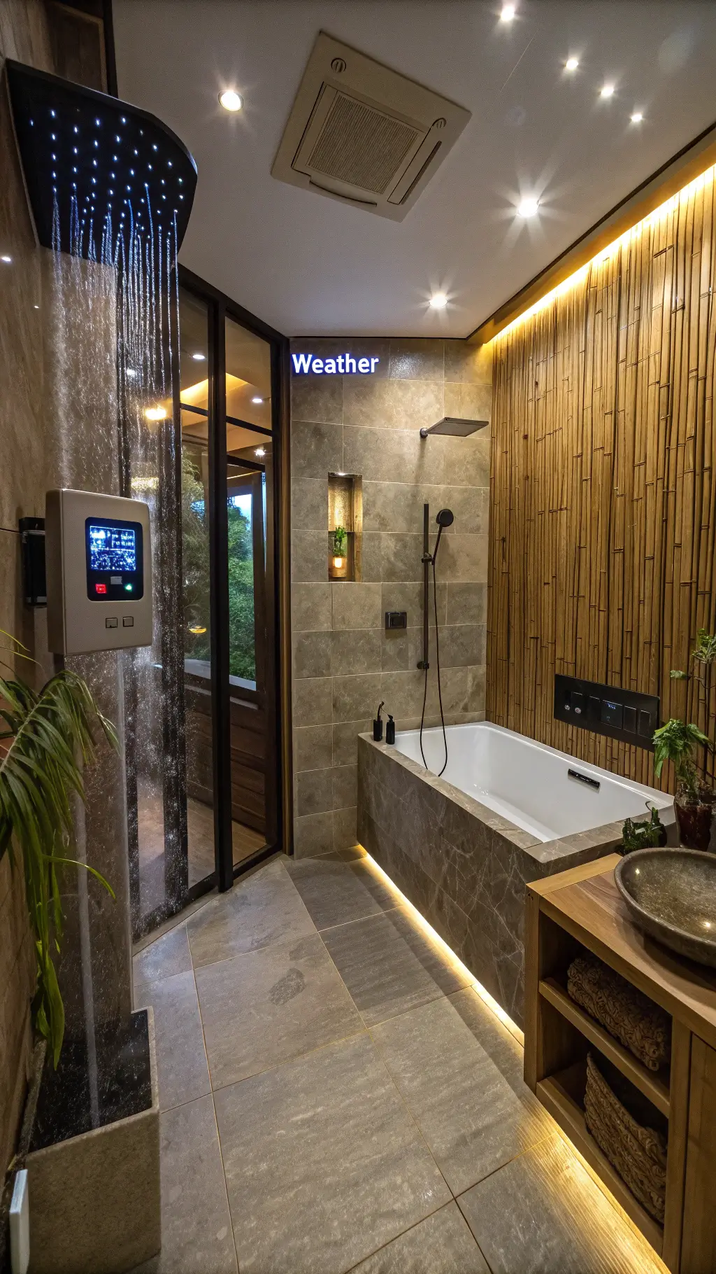 High angle view of a luxurious 14x16ft bathroom at twilight featuring smart mirror display, voice-controlled lighting, double waterfall shower, earthy bamboo accent wall, and metallic finishes with cozy ambient lighting.