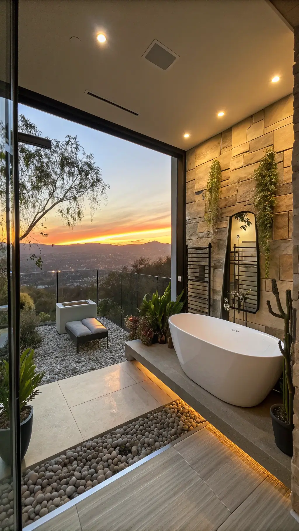 Contemporary 13x15ft bathroom with smart mirror display, digital freestanding tub, vertical succulent garden, hidden surround sound speakers, in warm sunset lighting, made from mixed materials of glass, stone, and metal.