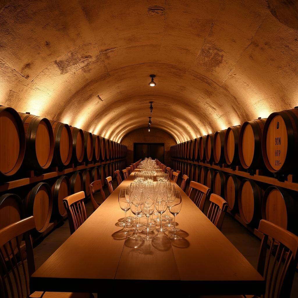 Traditional Alsatian wine cave with curved stone walls, wooden barrels, a long tasting table and crystal glasses under warm lighting