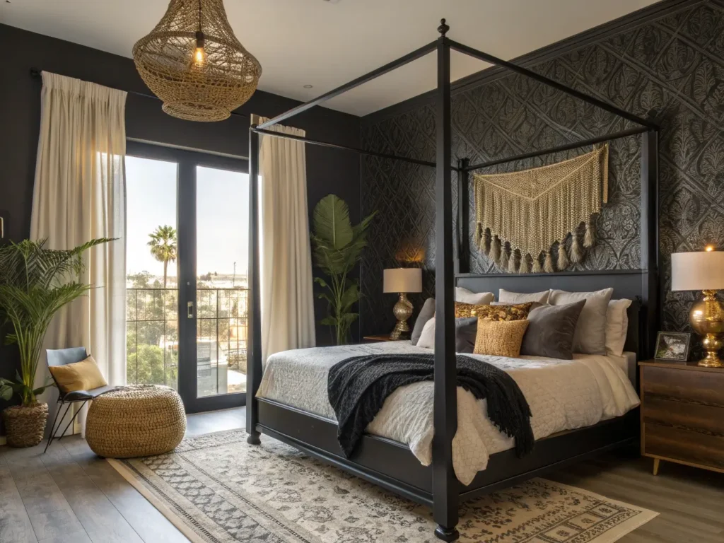 "Dramatic boho bedroom featuring black canopy bed with adornments, intricate Moroccan lamp, macramé decorations, and brass mirror wall in warm golden hour lighting."