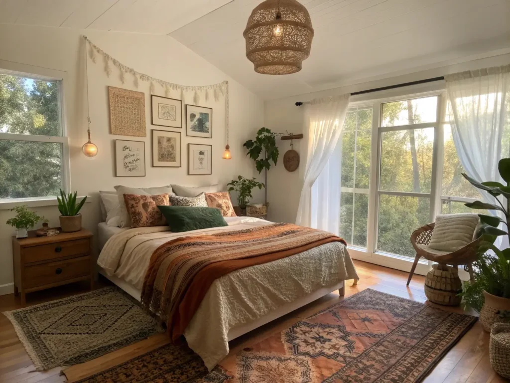 Boho bedroom with golden hour light, low platform bed with terracotta and sage linens, vintage Moroccan wall decor, rattan chair, emerald velvet reading nook, and brass accents.