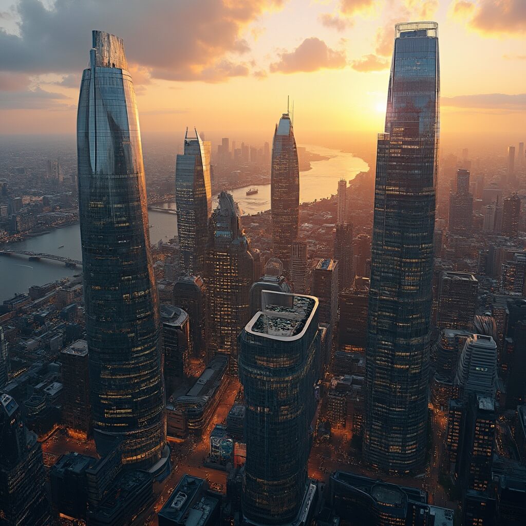 Aerial view of Canary Wharf financial district at sunset with skyscrapers reflecting golden light