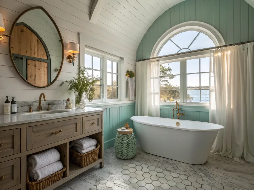 "Coastal bathroom with freestanding white tub, seafoam green accent wall, gray wood vanity, marble hexagon floor tiles and warm golden lighting"