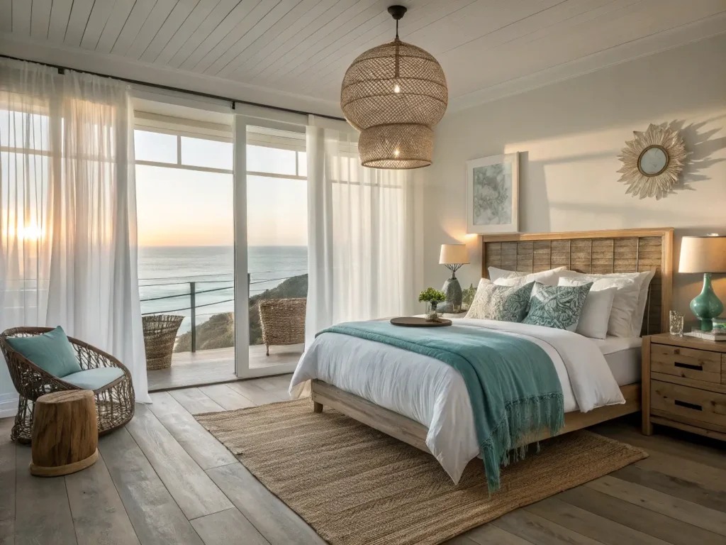 "Sunny coastal bedroom with a king-size bed, white linen curtains, driftwood side tables, and ocean themed decor captured in high-end photography."
