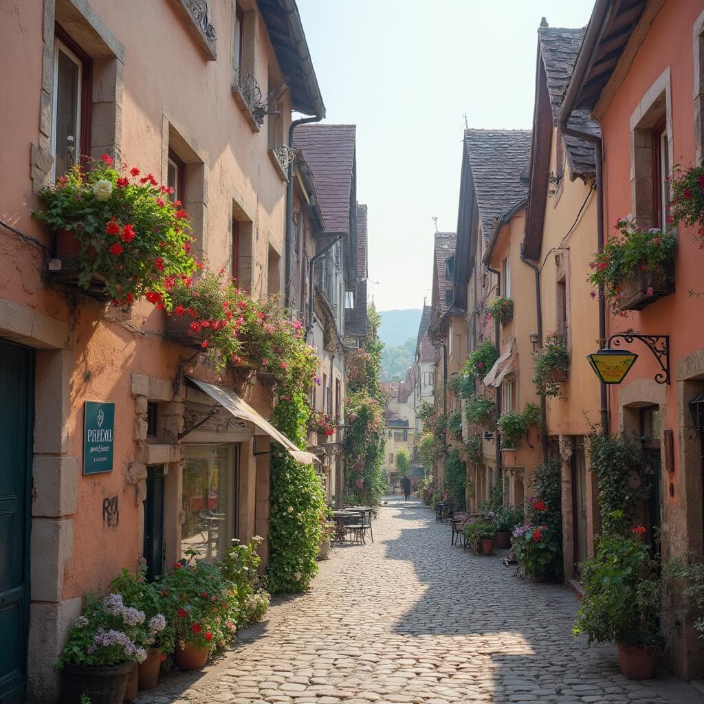 Spring morning in Colmar's historic city center with blooming flowers, cobblestone streets and pastel-colored medieval buildings