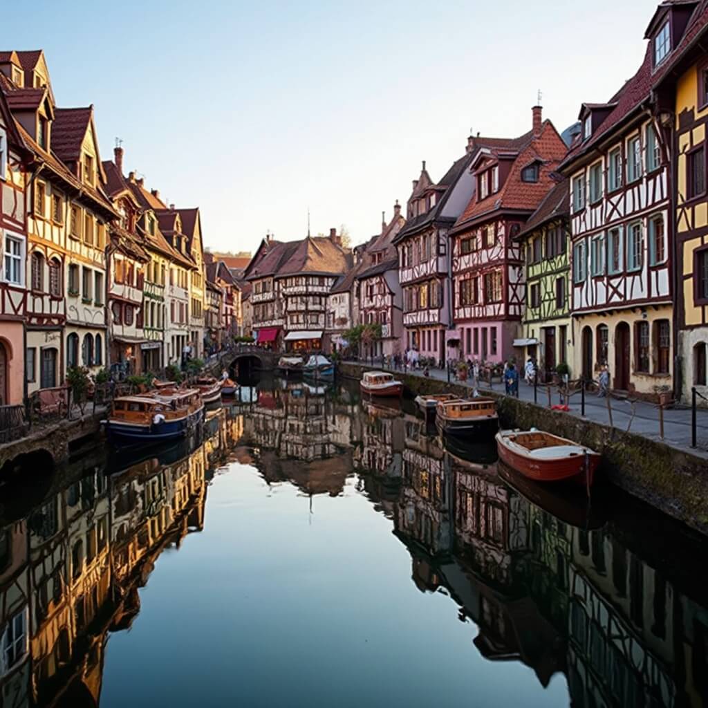 Panoramic view of La Petite Venise district in Colmar at golden hour with colorful half-timbered houses reflected in canal, and wooden boats moored along the waterfront