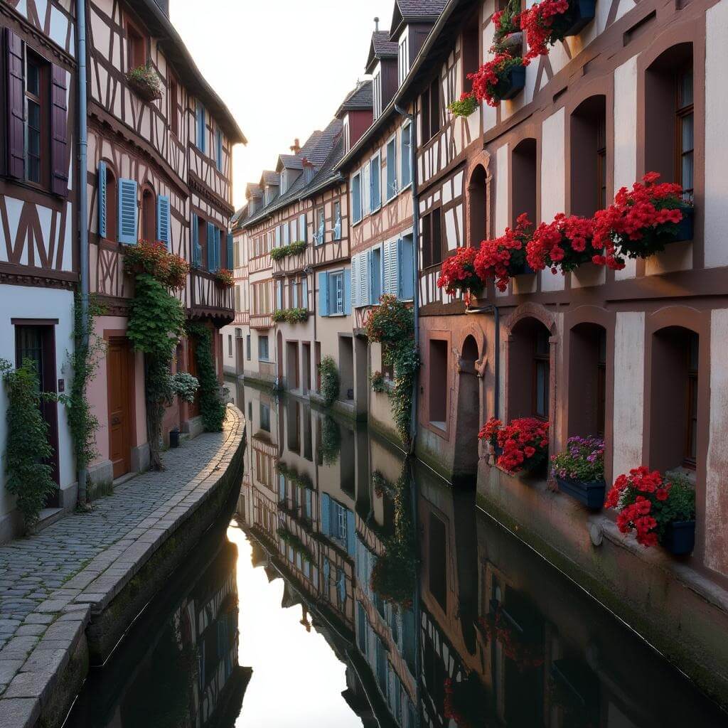 Cobblestone street in Colmar's Little Venice at dawn with medieval houses reflecting in canal and geranium-filled flower boxes