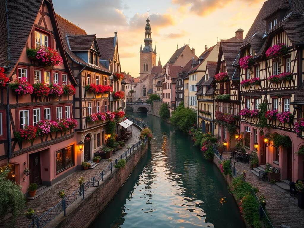 "Aerial view of Colmar's La Petite Venise district at sunset, featuring pastel half-timbered houses, Saint Martin's Church spire, medieval streets, traditional Alsatian architecture, wooden boats on canals, and vibrant flowers."