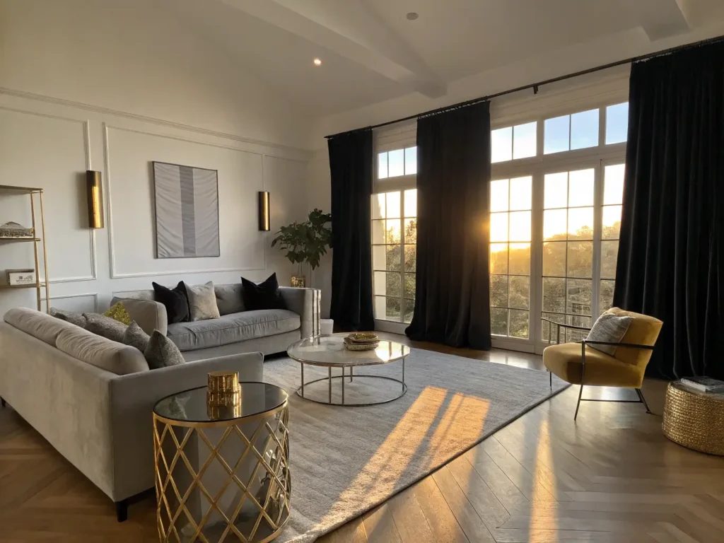 "Elegant contemporary living room with black velvet curtains, plush grey sofa, cream bouclé chair, brass-accented tables, and geometric rug during golden hour."