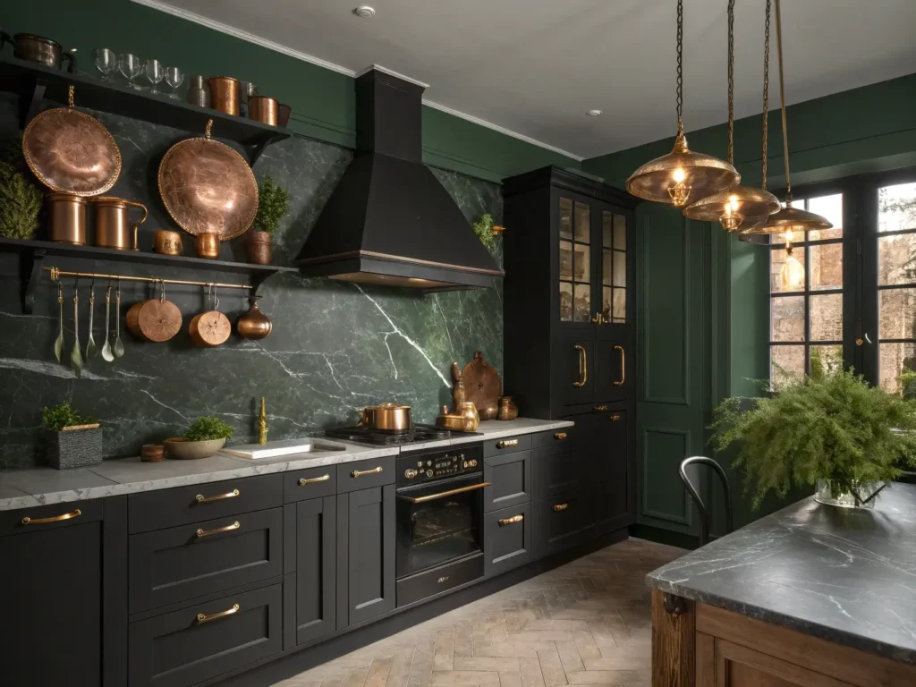 "Dramatically lit small kitchen with matte black cabinets, brass hardware, black marble countertops, forest green walls, and copper cookware."