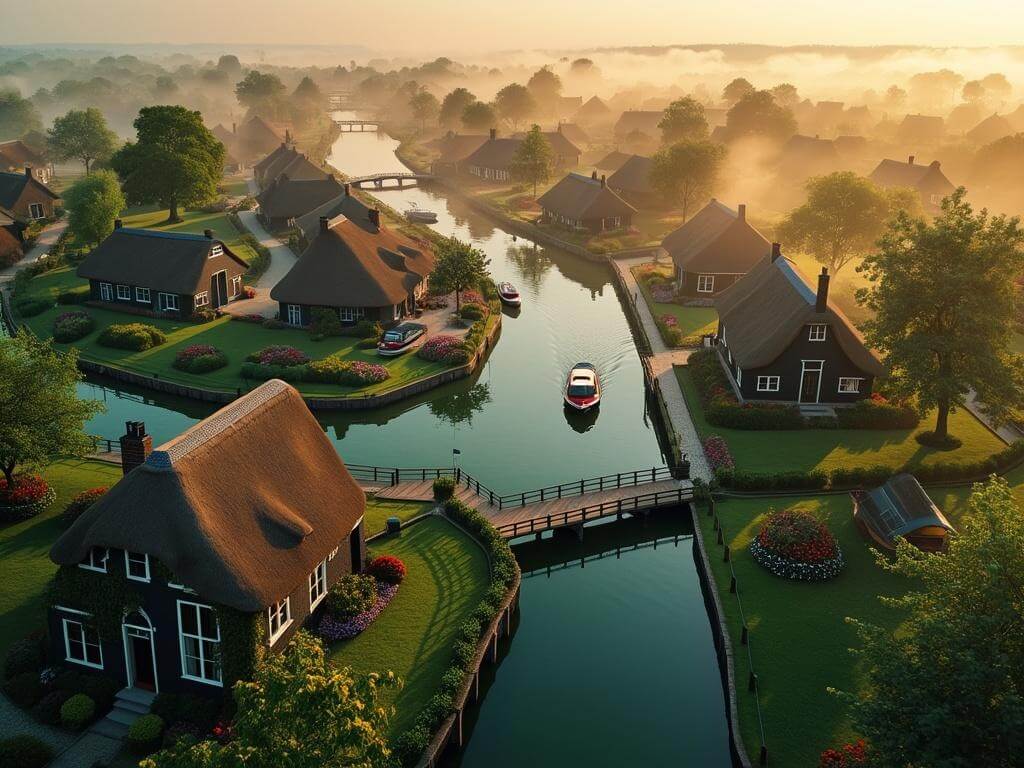 "Aerial view of a scenic Dutch village with canals, thatched-roof houses, wooden bridges, blooming gardens, electric boats, and sunset reflections in calm water"