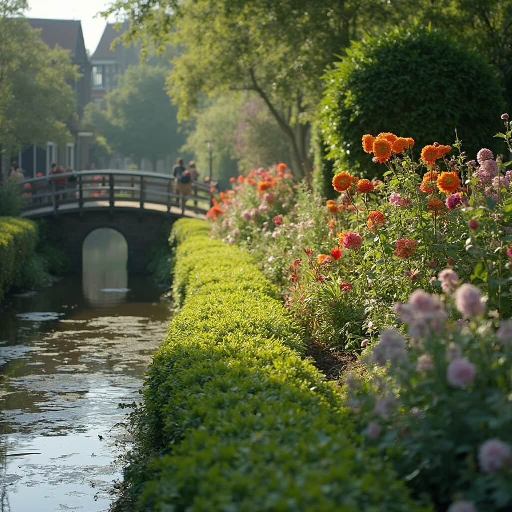 Colorful flower garden alongside a canal with a Dutch wooden bridge in the background under soft sunlight