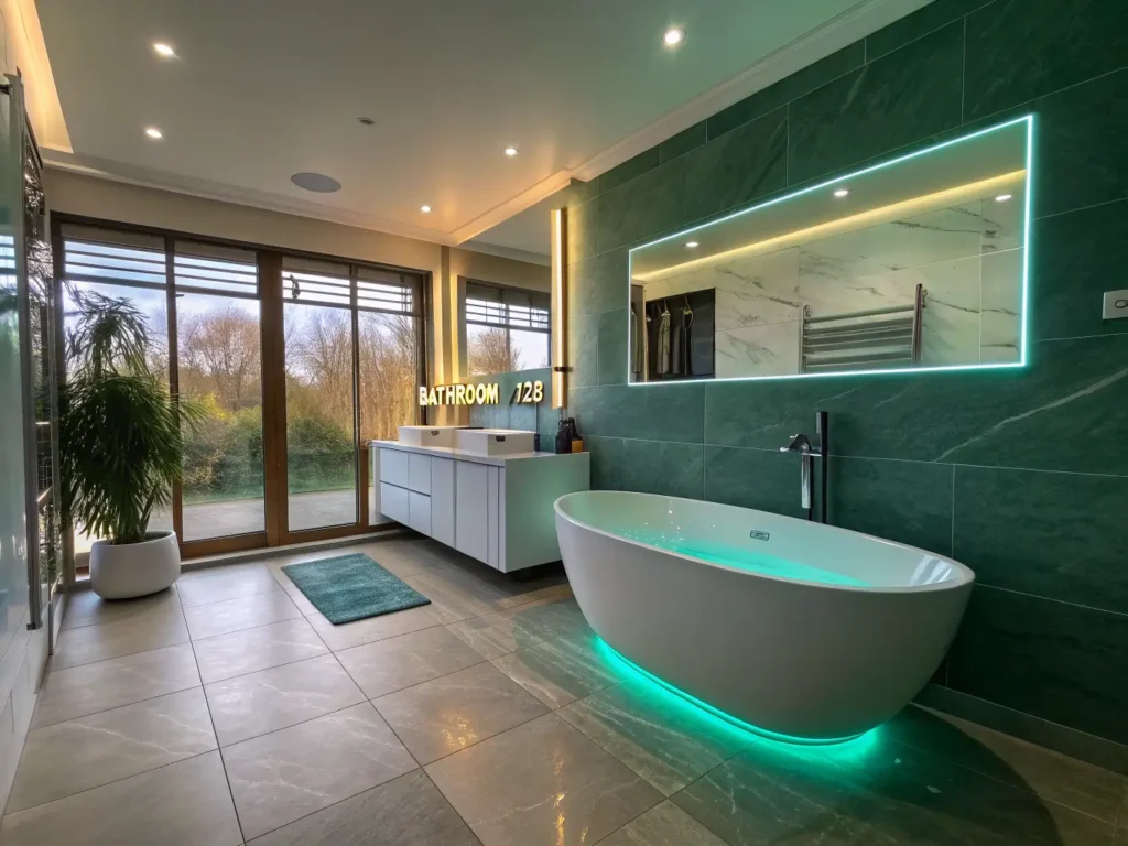"Futuristic bathroom featuring smart bathtub with chromotherapy lighting, central smart mirror, tech-integrated fixtures and minimalist design during golden hour."