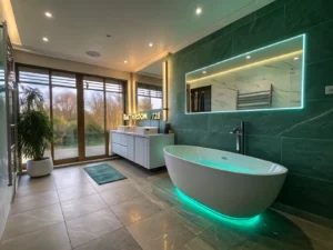 "Futuristic bathroom featuring smart bathtub with chromotherapy lighting, central smart mirror, tech-integrated fixtures and minimalist design during golden hour."