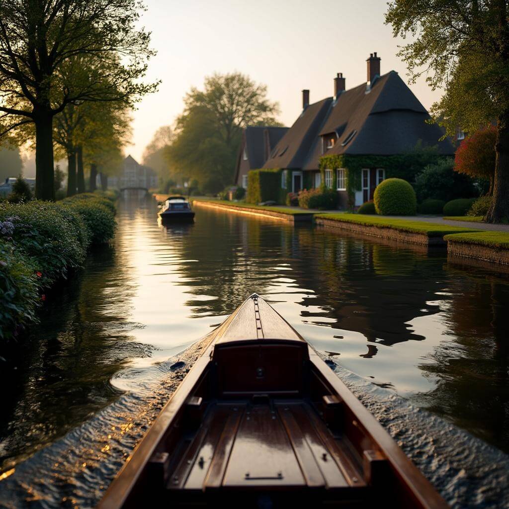 Traditional wooden boat navigating a canal in Giethoorn with historic thatched-roof homes and gardens in the late afternoon light