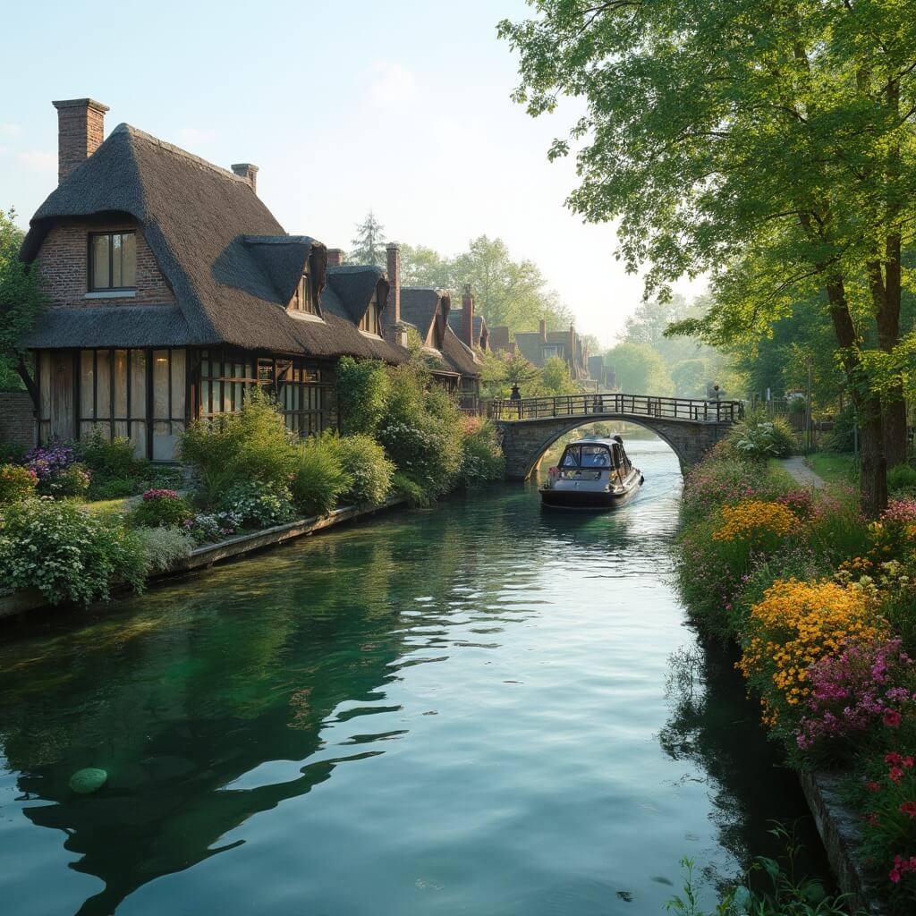 Electric boat gliding along a serene canal in Giethoorn, surrounded by traditional thatched-roof houses, wooden bridges, lush green gardens and vibrant flowers in soft morning light