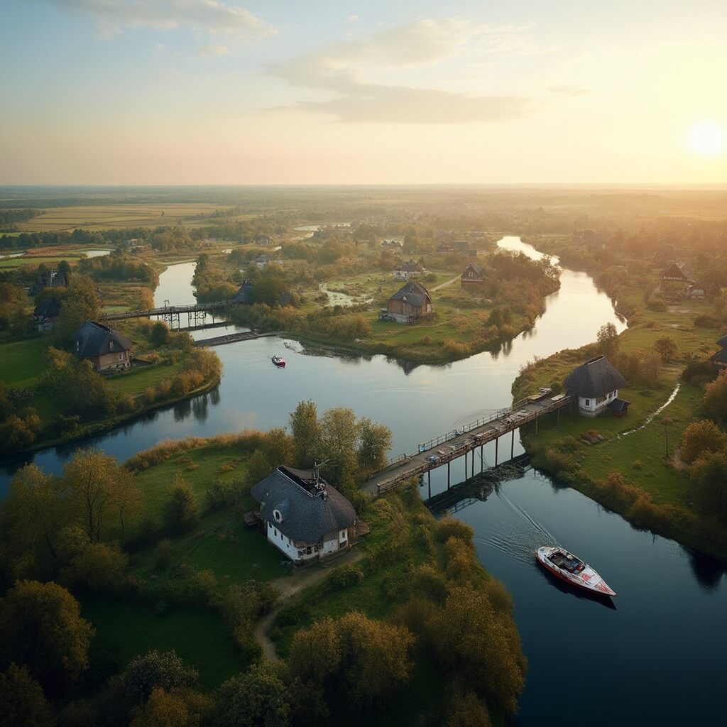 Panoramic view of Giethoorn's islands, wooden bridges, traditional houses, and electric boats, with the backdrop of Weerribben-Wieden National Park during golden hour
