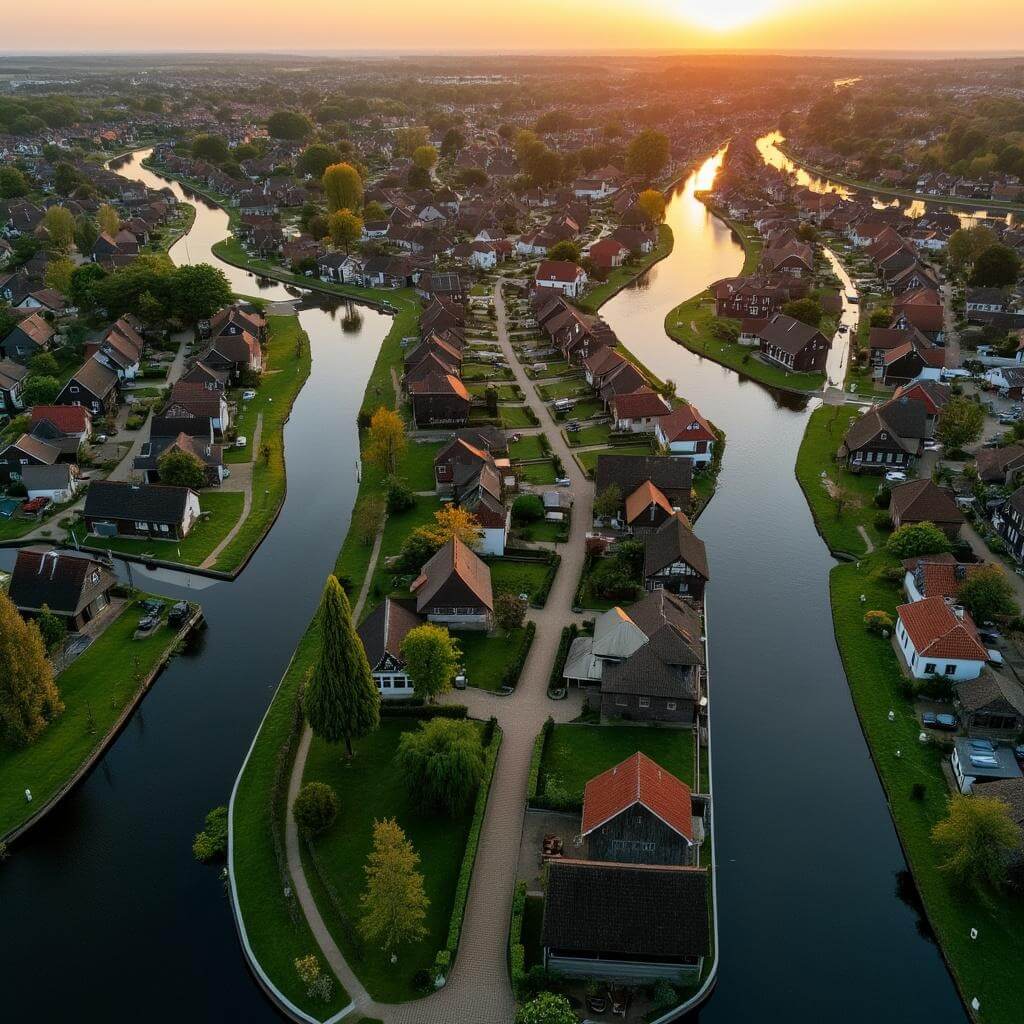 Aerial view of Giethoorn's canal network at golden hour, showcasing islands of green gardens, traditional Dutch houses, and pedestrian paths