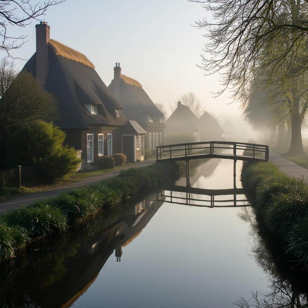 Early morning mist over calm canals surrounded by thatched-roof cottages, wooden footbridges, and lush greenery in Giethoorn