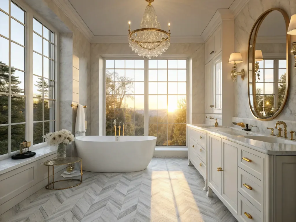 "Luxurious gold and marble master bathroom with double vanity, freestanding bathtub, and crystal chandelier"