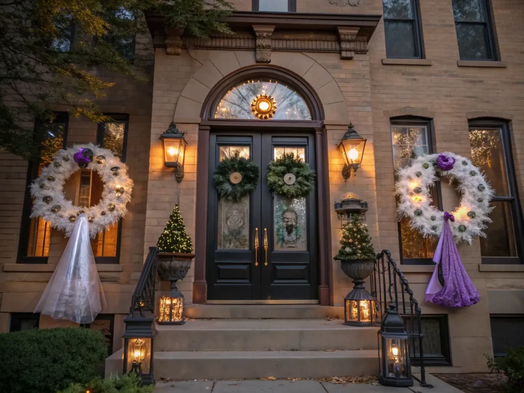 "Halloween wreaths on Victorian entryway at dusk with dramatic lighting, featuring a ghostly white tulle wreath, steampunk and witch-themed wreaths, and weathered architectural details."