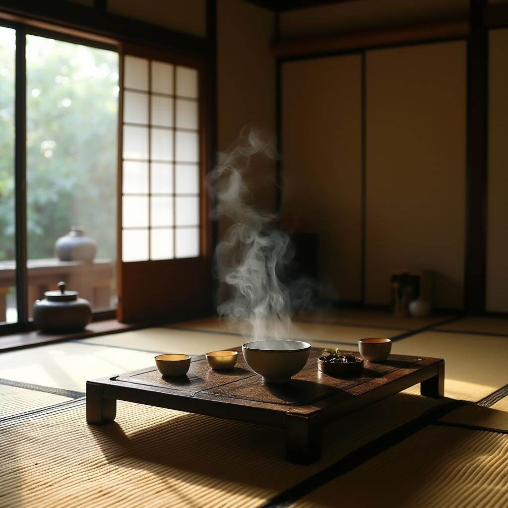 Traditional Japanese tea ceremony room with tatami mats, low wooden table, tea implements, soft natural light through paper screens and steam rising from tea bowl in warm, muted tones