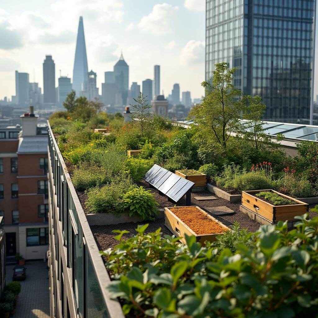 Green roof gardens with beehives, solar panels, and urban farming plots on a London building, with the financial district skyline in the background