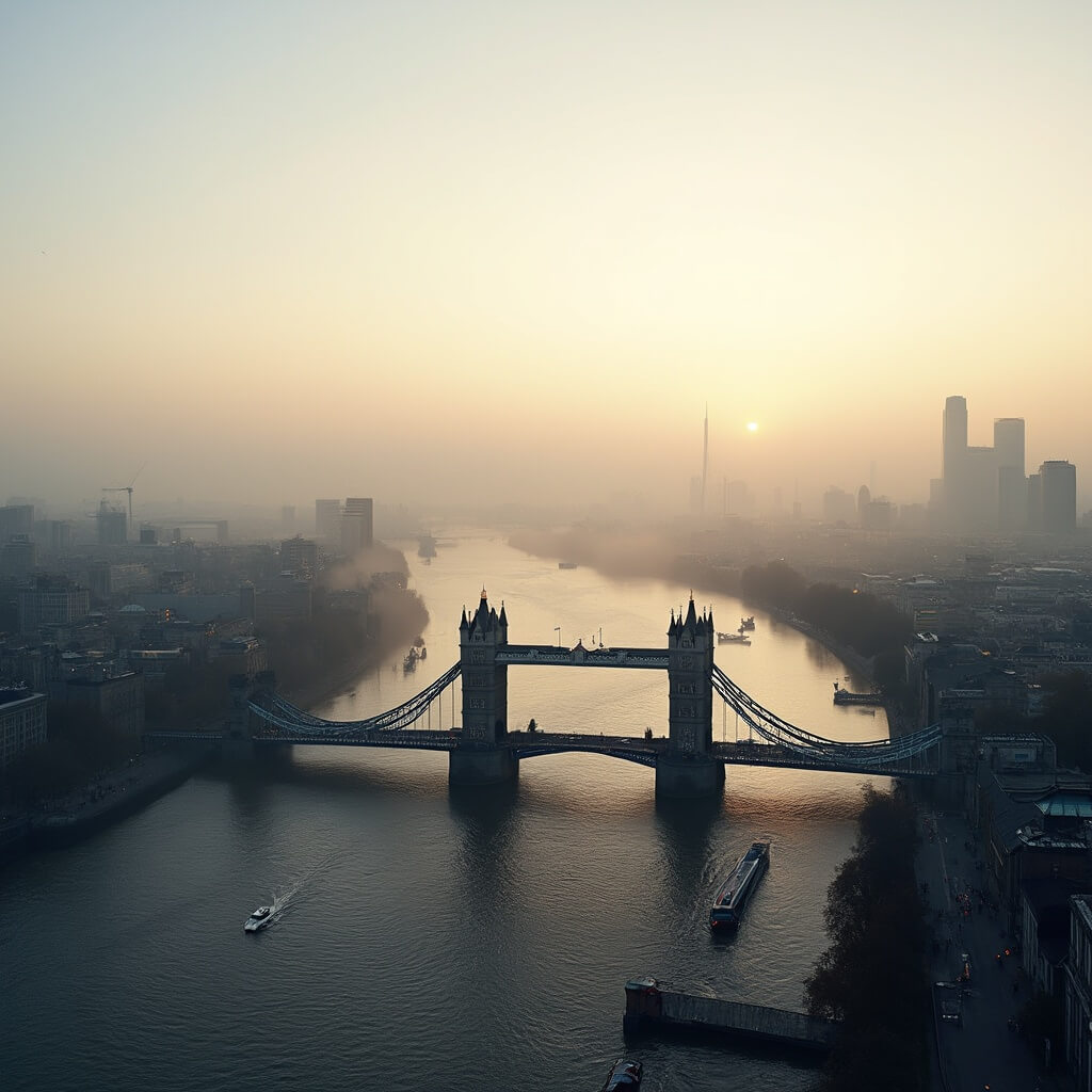 Dawn over Westminster Bridge with misty River Thames, historic and modern architecture, and morning fog.
