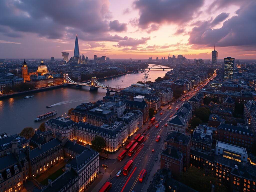 "Aerial sunset view of London showing the River Thames, historic and modern landmarks including the St. Paul's Cathedral, the Shard, Tower Bridge, and the London Eye, with Victorian buildings transitioning into skyscrapers and city streets illuminated by soft lights."