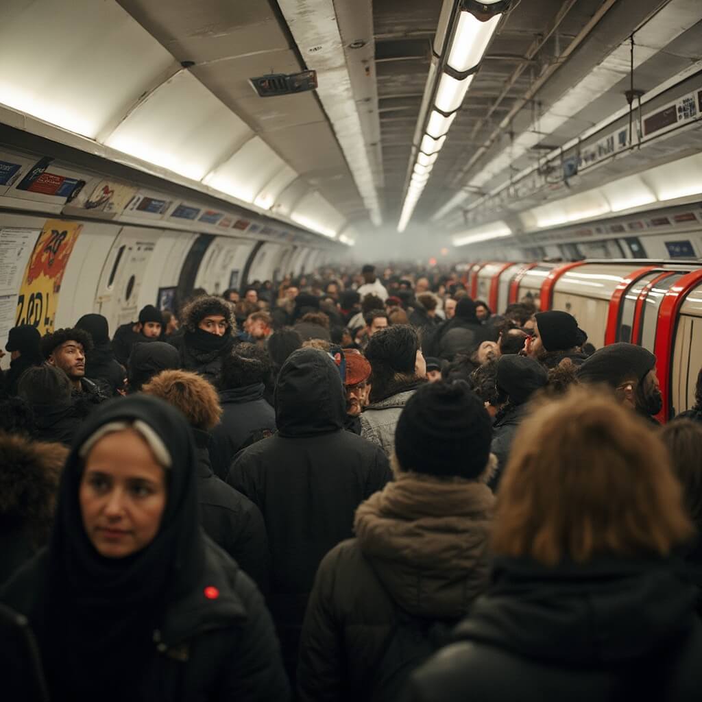Diverse crowd of commuters in the London Underground during peak hours, with trains in motion and architectural details of the tunnel visible