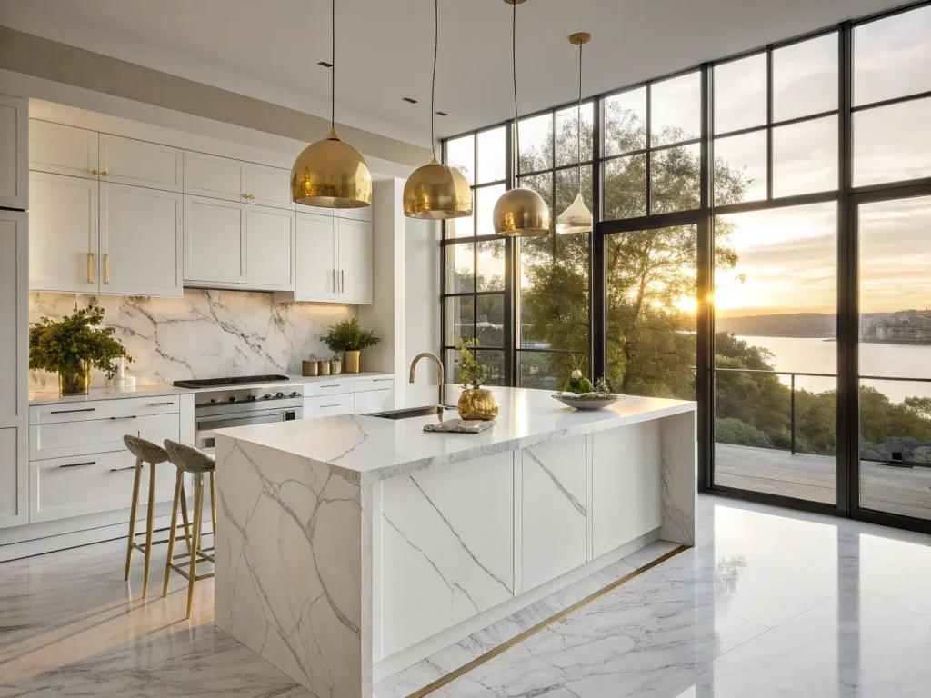 "Luxury modern white marble kitchen with waterfall island, high-end finishes, and bright natural lighting taken with Canon EOS R5"