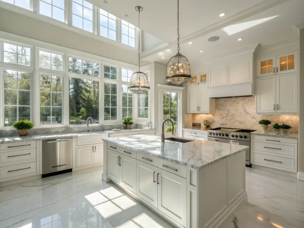 "Luxury modern kitchen with white shaker cabinets, Alaska White granite countertops, marble backsplash, and stainless steel appliances, illuminated by natural sunlight and crystal pendant lights"