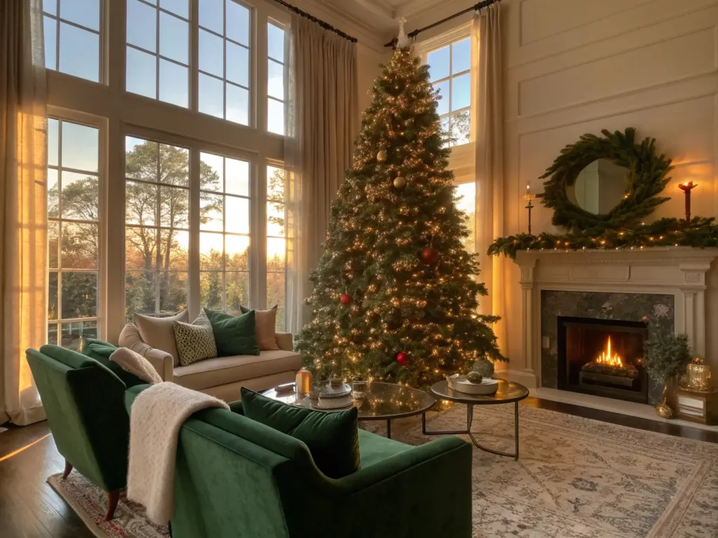 "Golden hour view of a plush living room with a grand Christmas tree, emerald velvet armchairs, cream sofa, and a garland-draped fireplace"