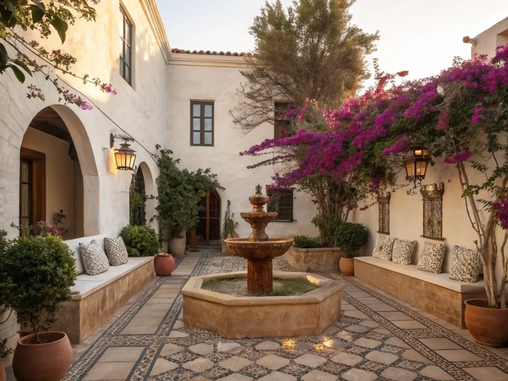 "Mediterranean courtyard with copper fountain, teak seating and olive trees during golden hour"
