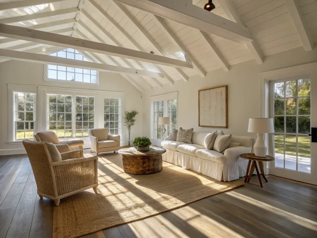 "Sunlit modern minimalist cottage living room with white ceiling beams, oak flooring, cream sofa, and rattan accent chairs"