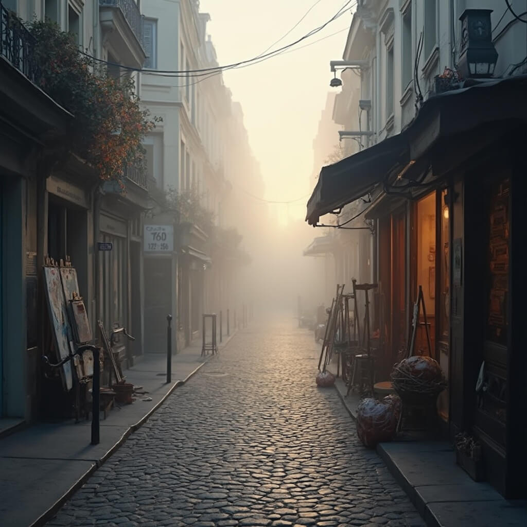 Misty dawn in Montmartre with cobblestone streets and baker's shop in soft pastel sunrise light, artist easels suggestively visible, conveying a peaceful, atmospheric Parisian street scene