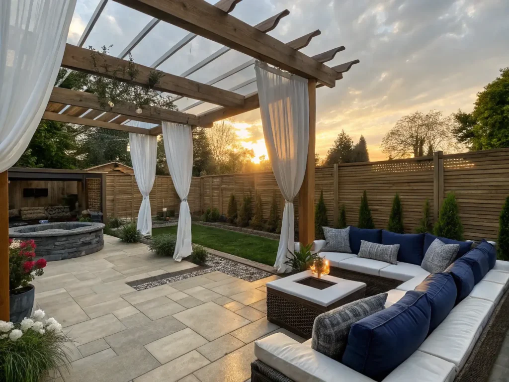 "Modern backyard retreat with pergola, sectional sofa, fire pit, and bamboo screens at sunset"