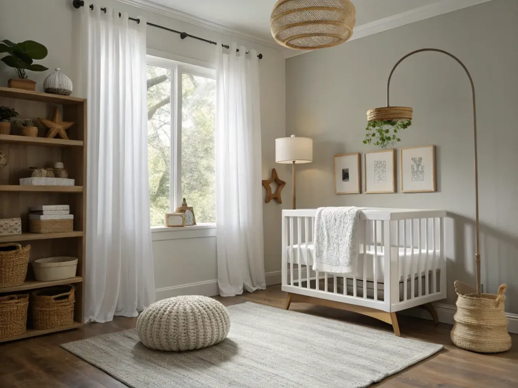 "Modern minimalist nursery with white crib, wooden shelves, beige glider, brass floor lamp, and natural texture accents in soft morning light."