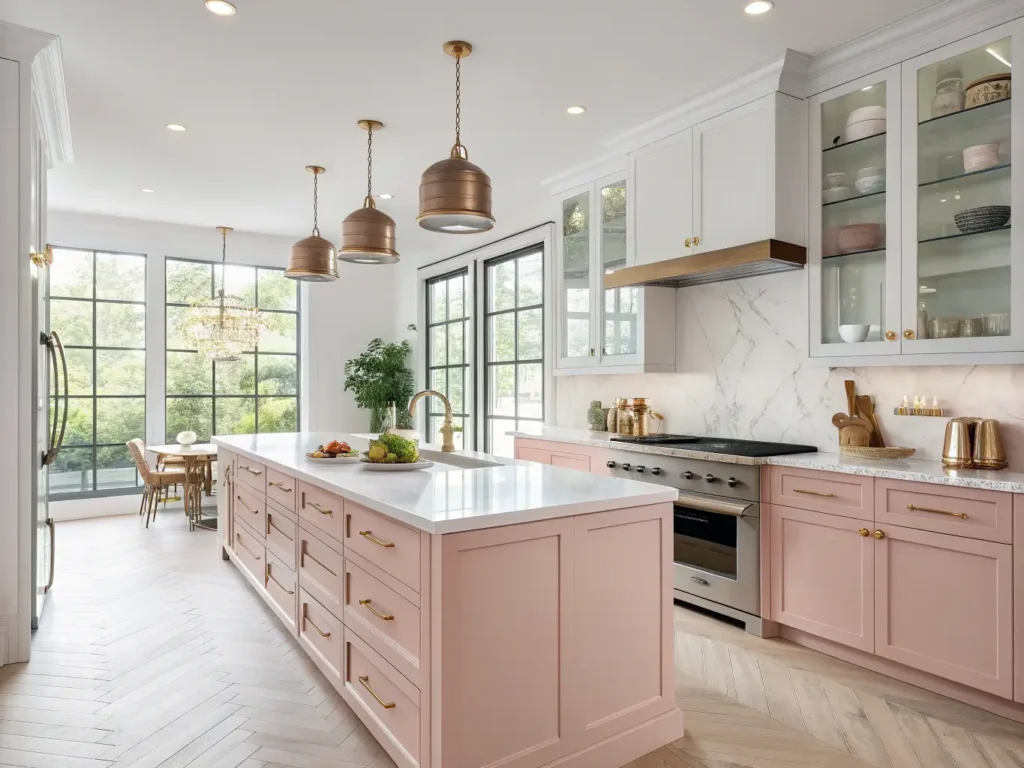 "Modern kitchen interior with blush pink cabinets, white marble countertops, brass pendant lights over center island and natural light from floor-to-ceiling windows"