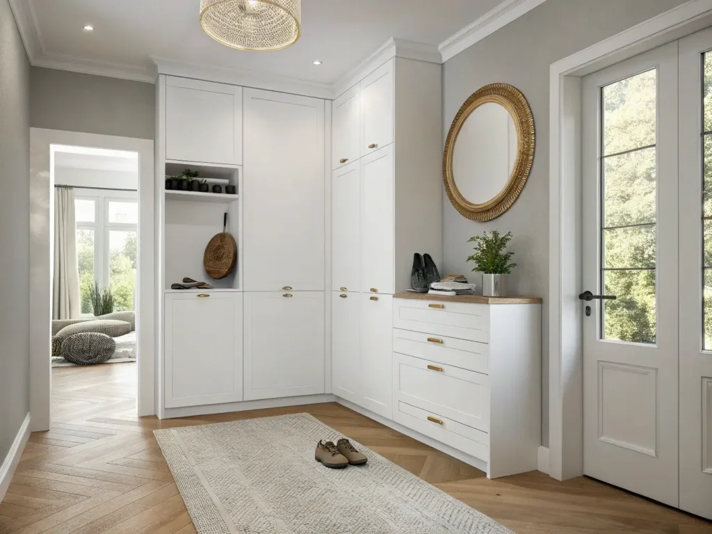 "Modern minimalist entryway with built-in white shoe cabinet, round brass mirror, and natural jute runner on light oak floor"