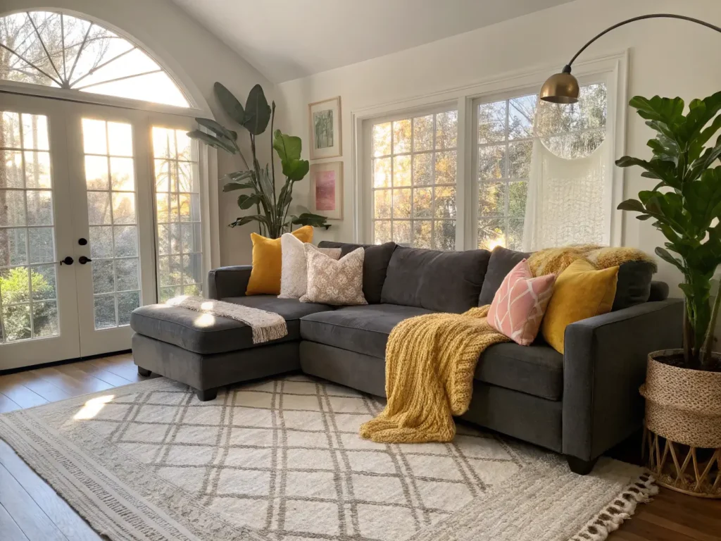 "Modern living room with sunlit dark grey sectional sofa, mustard yellow and blush pink throw pillows, large fiddle leaf fig plants, and warm lighting from brass floor lamp"