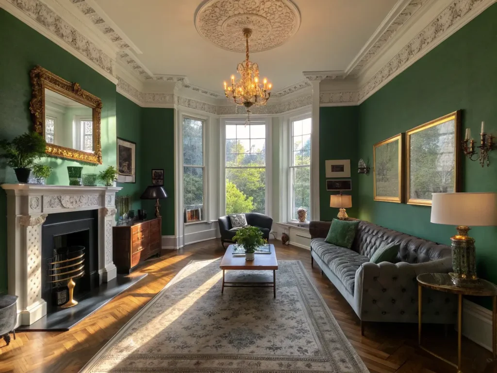 "Victorian living room with emerald walls, high ceilings, grey Chesterfield sofa, Persian rug, contemporary art, brass floor lamps, antique fireplace, and metal accents, bathed in golden sunlight"