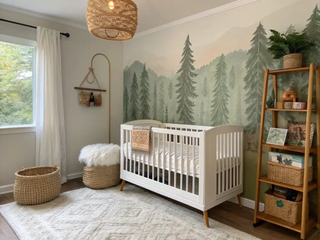 "Woodland-themed nursery with white oak crib, hand-painted forest mural, woven basket storage, and natural textures in sage green, warm taupe, and burnt orange accents"