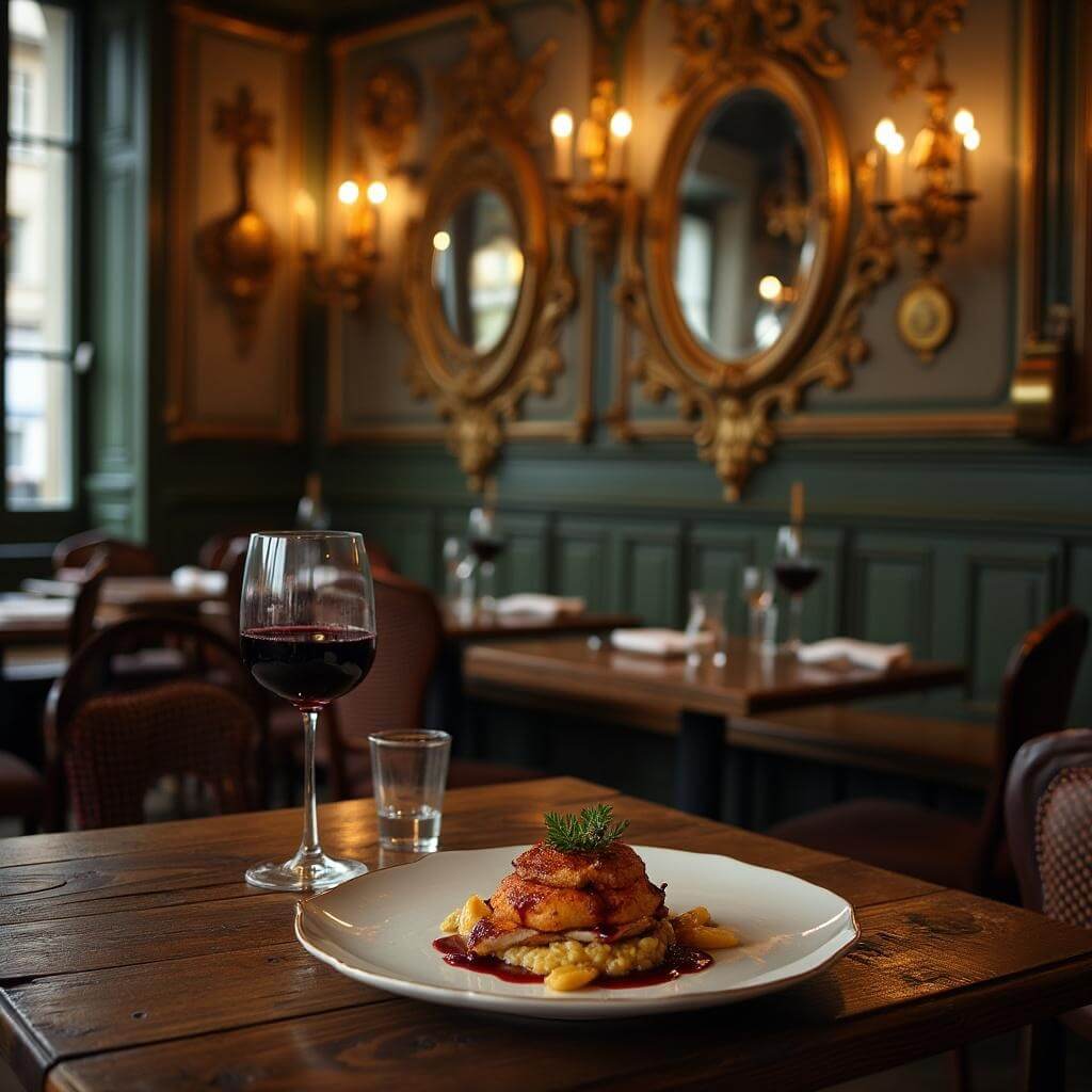 Interior of a traditional Parisian bistro with aged wooden tables, vintage mirrors, brass fixtures, warm lighting, a classic French dish with a glass of red wine on table, shot on 50mm f/1.4