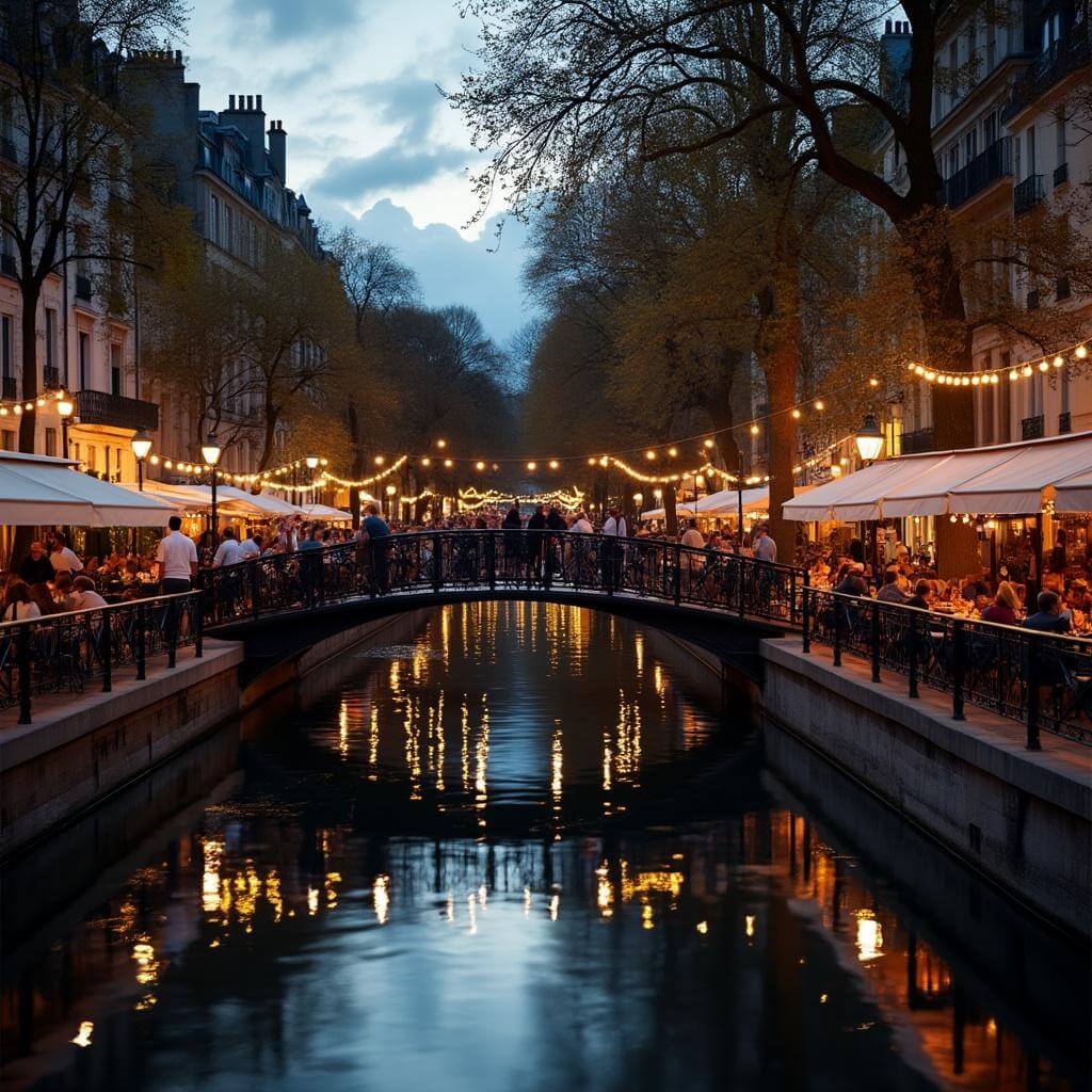 Dusk view of Canal Saint-Martin in Paris with iron footbridges, waterside bistros with string lights, and reflections on calm water, shot with 35mm lens