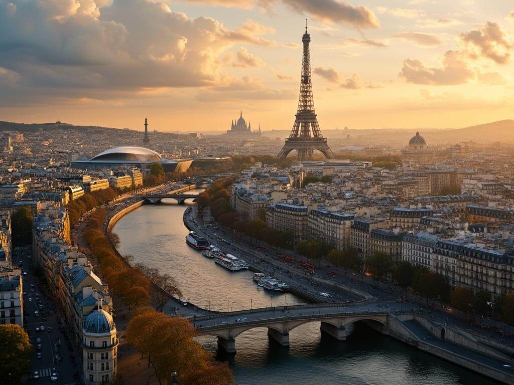 "Aerial sunset view of Paris with Eiffel Tower, Seine River, Haussmann-style buildings, Olympic venues, Montmartre and Sacré-Cœur, cafe-filled streets and cyclists, in soft golden light"