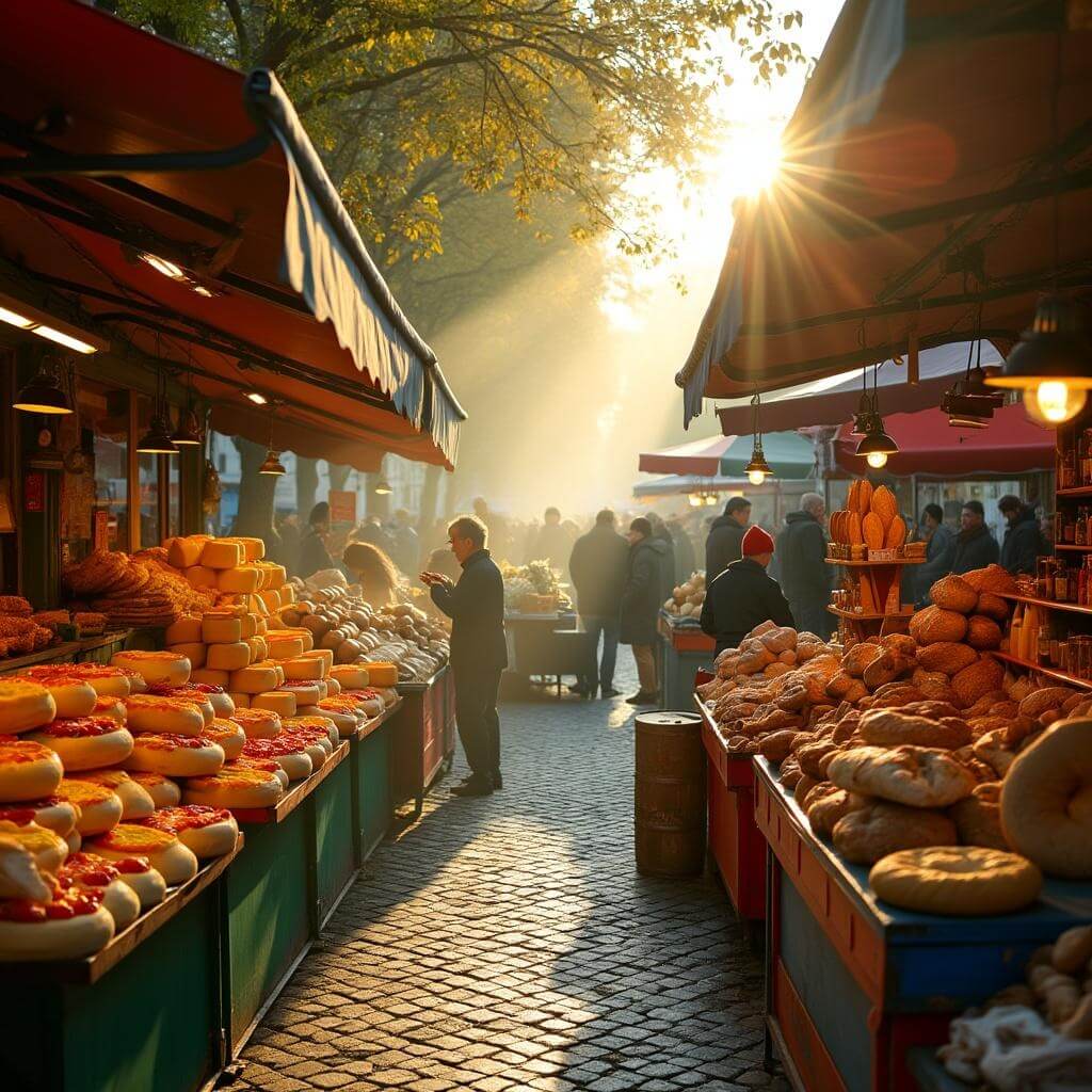 Early morning at a bustling Parisian farmers market during golden hour, featuring colorful produce, artisanal cheese, fresh baguettes, local vendors and misty sunlight.