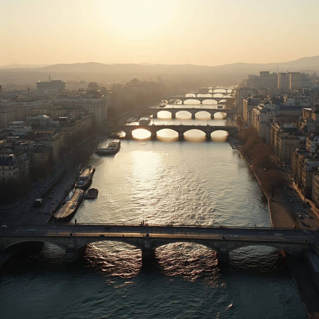 Overhead view of Seine River at twilight with multiple bridges, reflected cityscape of Paris, and soft silhouette details
